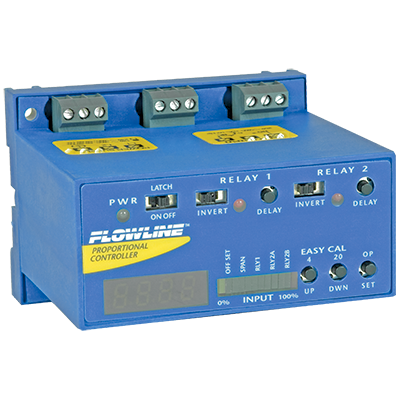 Flowline DataPoint™ LC52 Level Controller, General Purpose, (1) Sensor  Input, (2) 10A Relay, 4-20 mA Repeater, 35mm Din Rail Mount, PP Enclosure,  120/240 VAC, Push Button Display, Bar Graph - Harrington Industrial Plastics